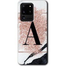 MRC İletişim Samsung Galaxy S20 Ultra Kılıf Hd Desen Baskılı Arka Kapak + Temperli Cam - Pembe Mermer A Harfi
