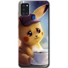 MRC İletişim Samsung Galaxy A21S Kılıf Hd Desen Baskılı Arka Kapak + Temperli Cam - Üzgün Pikaçu