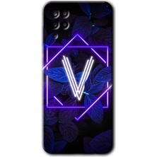 MRC İletişim Samsung Galaxy A12 Kılıf Hd Desen Baskılı Arka Kapak + Temperli Cam - Dark Neon Yaprak V Harfi