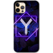 MRC İletişim iPhone 12 Pro Max Kılıf Hd Desen Baskılı Arka Kapak + Temperli Cam - Dark Neon Yaprak Y Harfi