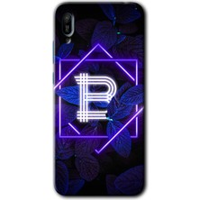 MRC İletişim Huawei Y6 2019 Kılıf Hd Desen Baskılı Arka Kapak + Temperli Cam - Dark Neon Yaprak B Harfi