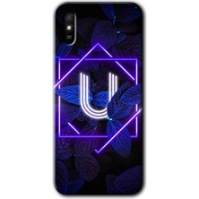 MRC İletişim Xiaomi Redmi 9A Kılıf Hd Desen Baskılı Arka Kapak - Dark Neon Yaprak U Harfi