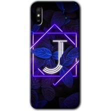 MRC İletişim Xiaomi Redmi 9A Kılıf Hd Desen Baskılı Arka Kapak - Dark Neon Yaprak J Harfi