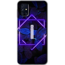 MRC İletişim Samsung Galaxy M31S Kılıf Hd Desen Baskılı Arka Kapak + Temperli Cam - Dark Neon Yaprak I Harfi