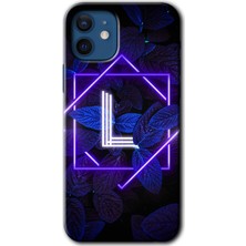 MRC İletişim iPhone 12 Kılıf Hd Desen Baskılı Arka Kapak + Temperli Cam - Dark Neon Yaprak L Harfi