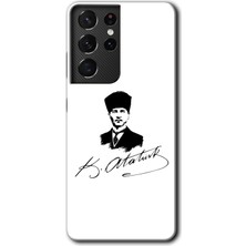 MRC İletişim Samsung Galaxy S21 Ultra Kılıf Hd Desen Baskılı Arka Kapak + Temperli Cam - Kemal Atatürk Imza