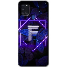 MRC İletişim Samsung Galaxy A21S Kılıf Hd Desen Baskılı Arka Kapak + Temperli Cam - Dark Neon Yaprak F Harfi