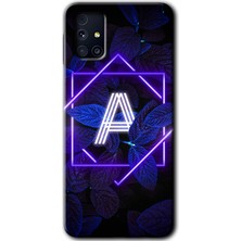 MRC İletişim Samsung Galaxy M31S Kılıf Hd Desen Baskılı Arka Kapak + Temperli Cam - Dark Neon Yaprak A Harfi