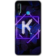 MRC İletişim Huawei P30 Lite Kılıf Hd Desen Baskılı Arka Kapak + Temperli Cam - Dark Neon Yaprak K Harfi