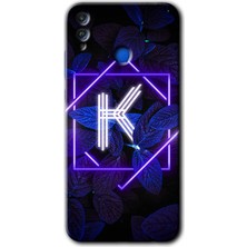 MRC İletişim Honor 8x Kılıf Hd Desen Baskılı Arka Kapak + Temperli Cam - Dark Neon Yaprak K Harfi