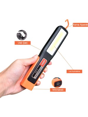 BVS Taşınabilir USB Şarjlı Mıknatıslı Beyaz LED Aydınlatma Kamp Tamir Çalışma Araç LED Aydınlatma