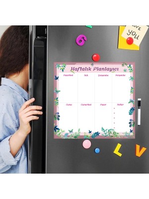 Floral Haftalık Magnet Planlayıcı , Mıknatıslı Silinebilir Yazı Tahtası Pano + 3 Kalem