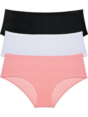 Tutku 3 Adet Kadın Yüksek Bel Bato Külot Siyah Beyaz Pudra