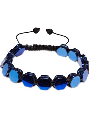 Tesbih Atölyesi Sertifikalı Altıgen Mavi Hematit Taşı Bileklik - Makrome