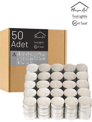 Maison Art 50 Adet  Buhurdanlık Mumu  4 Saat Yanan Tea Light Mum  Dekoratif Mumluk Mumu