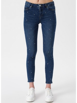 Vero Moda Taş Işlemeli Skinny Mavi Denim Pantolon