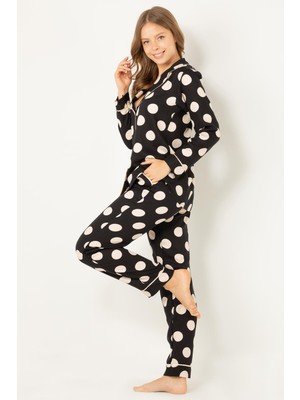 Doremi Puantiyeli Doğal Viskon Soft Yumuşak Düğmeli Pijama Takımı