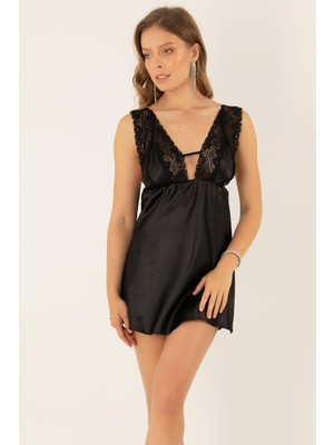 Miorre Kalın Askılı Dantelli Mini Saten Gecelik