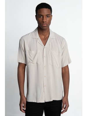 Tudors Relax Fit  Kısa Kol Viskon Rahat Kumaş Apaj Yaka Spor Gömlek