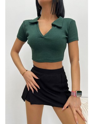 Hanclo Kadın Polo Yaka Crop Bluz