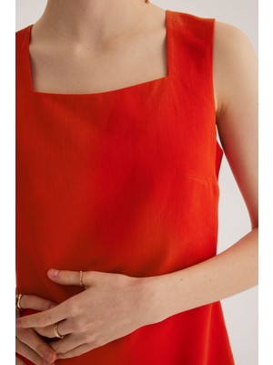 Stella Pulvis Kırmızı Keten Karışımlı Kare Yaka Kolsuz Mini Elbise