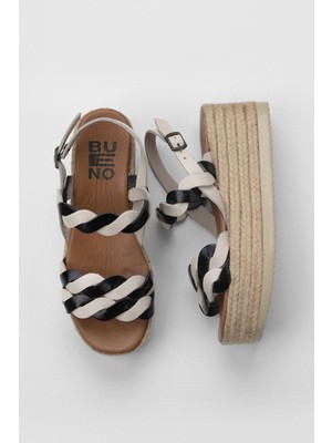 Bueno Shoes Siyah Bej Parlak Deri Kadın Dolgu Topuklu Espadril Sandalet 01WU6119
