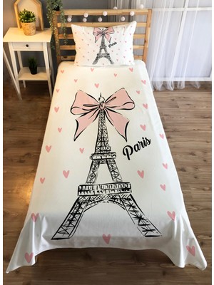 Evmila Eyfel Kulesi Desen Baskılı 140X220 cm Dekoratif Yatak Örtüsü Beyaz