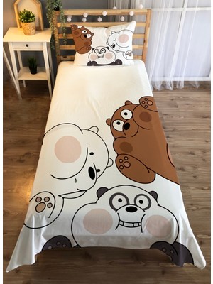 Evmila Ayı Desen Baskılı 140X220 cm Dekoratif Yatak Örtüsü Beyaz