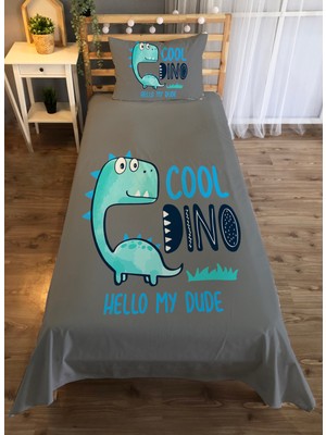 Evmila Dinozor Desen Baskılı 140X220 cm Dekoratif Yatak Örtüsü Gri