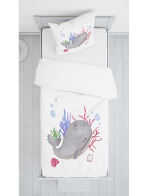 Evmila Dijital Baskı Sevimli Balina Örtü Yastık Seti 1271