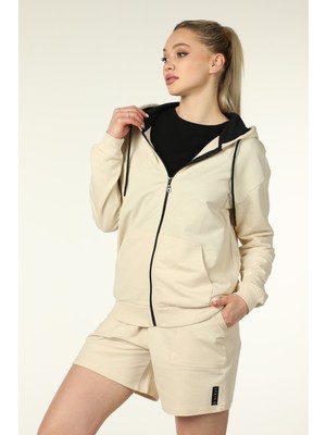 Defy's Alya Kadın %100 Pamuk 2 İplik Şardonsuz Oversize Kapüşonlu Fermuarlı Bej Sweatshirt