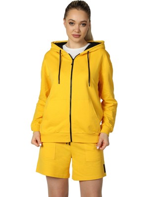 Defy's Alya Kadın %100 Pamuk 2 İplik Şardonsuz Oversize Kapüşonlu Fermuarlı Sarı Sweatshirt