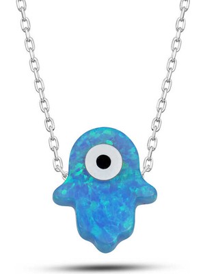 Gumush Gümüş Mavi Nazarlı Opal Fatma Ana Eli Kadın Kolye