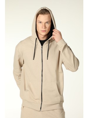 Defy's Arda Erkek Pamuklu 2 İplik Şardonsuz Oversize Kapüşonlu Fermuarlı Bej Sweatshirt