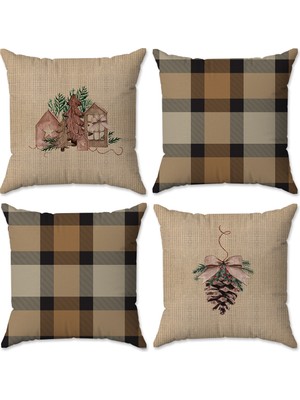 Evmila Yılbaşı Temalı Çift Taraf Baskılı 4`lü Kırlent Kılıfı Seti