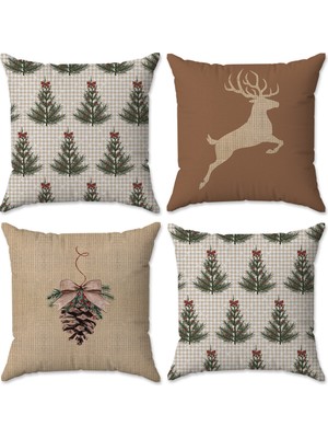 Evmila Yılbaşı Temalı Çift Taraf Baskılı 4`lü Kırlent Kılıfı Seti