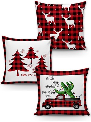 Evmila Yılbaşı Desenli 3'lü Kırlent Kılıf Seti