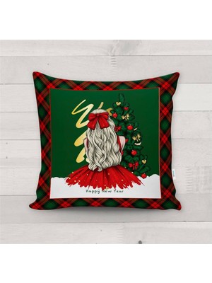 Evmila Yılbaşı Özel Kız Desenli Kadife Kırlent Kılıfı