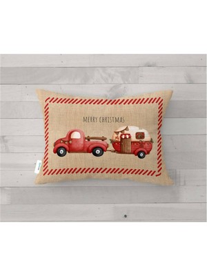 Evmila Yılbaşı Özel Karavan Çeken Kamyonet Desenli Kadife Kırlent Kılıfı