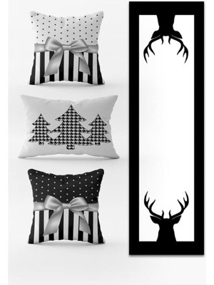 Evmila Yılbaşı Temalı 3lü Kırlent Kılıfı ve Runner - 4lü Set