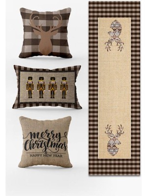 Evmila Yılbaşı Temalı 3lü Kırlent Kılıfı ve Runner - 4lü Set
