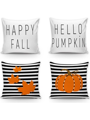 Evmila Siyah Happy Fall Hello Pumpkin- Kabak Desenli 4'lü Sonbahar Kırlentleri