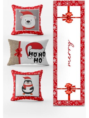 Evmila Yılbaşı Temalı 3lü Kırlent Kılıfı ve Runner - 4lü Set