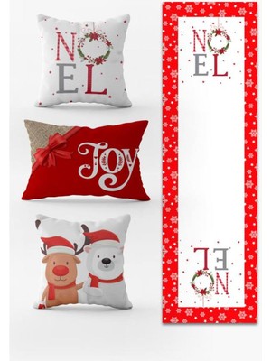 Evmila Yılbaşı Temalı 3lü Kırlent Kılıfı ve Runner - 4lü Set