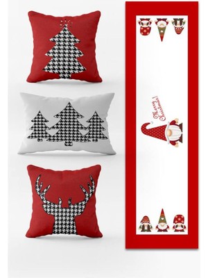 Evmila Yılbaşı Temalı 3lü Kırlent Kılıfı ve Runner - 4lü Set