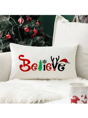 Evmila Yılbaşı Özel Believe Yazılı Dikdörtgen Kırlent Kılıfı