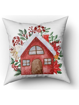 Evmila Yılbaşı Temalı Ev Desenli Kadife Kırlent Kılıfı