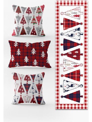 Evmila Yılbaşı Temalı 3lü Kırlent Kılıfı ve Runner - 4lü Set