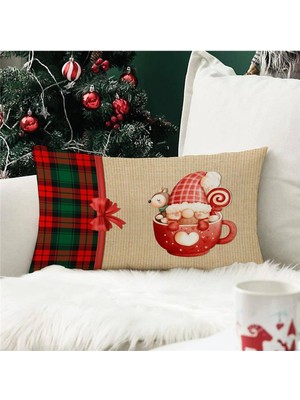 Evmila Yılbaşı Özel Fincanın Içinde Cüce Desenli Dikdörtgen Kırlent Kılıfı