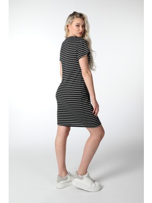 Defy's Kadın Regular Fit Çizgili Kısa Kollu Elbise Antarsit-Beyaz